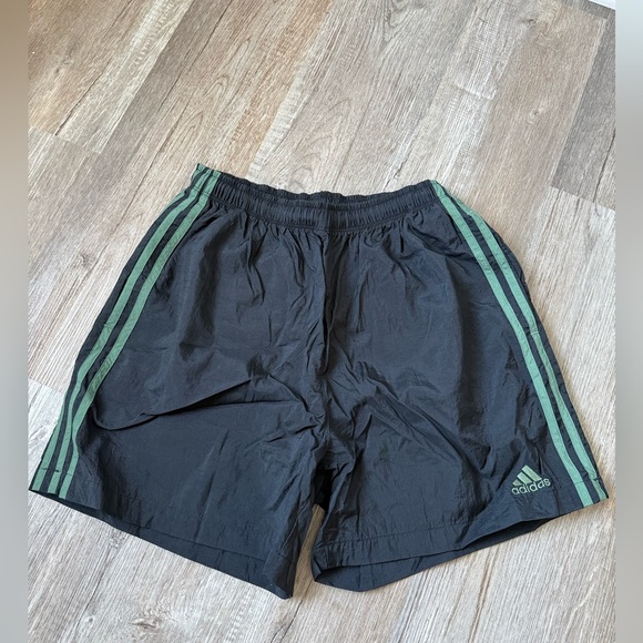 adidas Other - VTG 90s Adidas Black Elastic Waist Nylon Track Short Black Green Stripe Soccer M